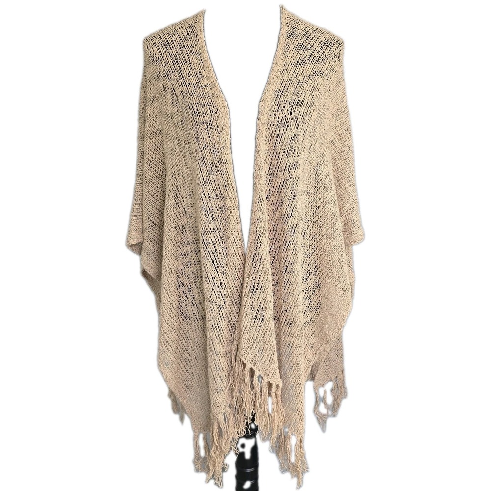 Coldwater Creek Open Knit Waterfall Drape Shawl One Size Tan Fringe Western Fall